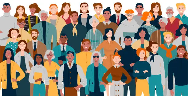 Vector illustration of Portrait of business team standing together. Multiracial business people.