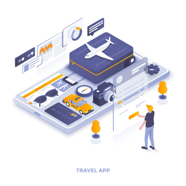 Flat color Modern Isometric Illustration design - Travel App Modern flat design isometric illustration of Travel app. Can be used for website and mobile website or Landing page. Easy to edit and customize. Vector illustration signal level stock illustrations