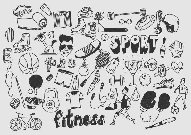illustrations, cliparts, dessins animés et icônes de sport fitness mode de vie sain doodle dessiné à la main. - dessiner illustrations