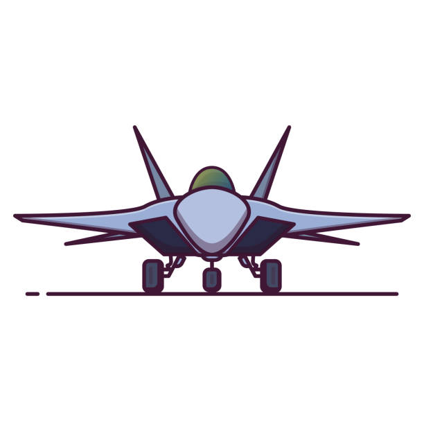 War plane jet figther line Front view of modern war plane. Line style vector illustration. Modern jet fighter banner. Military aircraft front view. Armed aviation pixel perfect banner. Missile stock illustrations