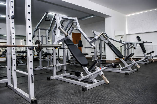 istock Different sport equipment in gym as background 1151945890