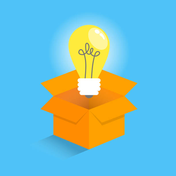 istock Lightbulb in the box. Business idea concept with symbol of ideas - glowing lightbulb isometric style design isolated on light blue background. 1151946213