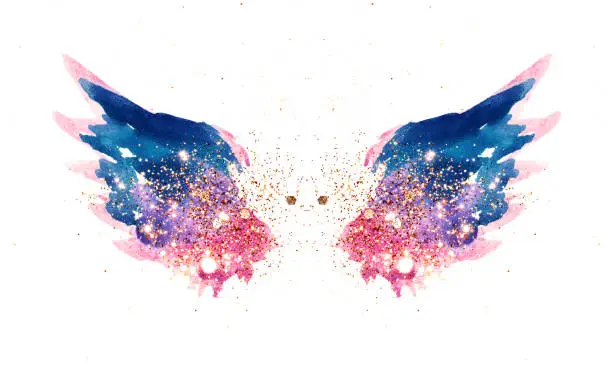 Glitter and glittering stars on abstract pink and blue watercolor wings in vintage nostalgic colors for your design