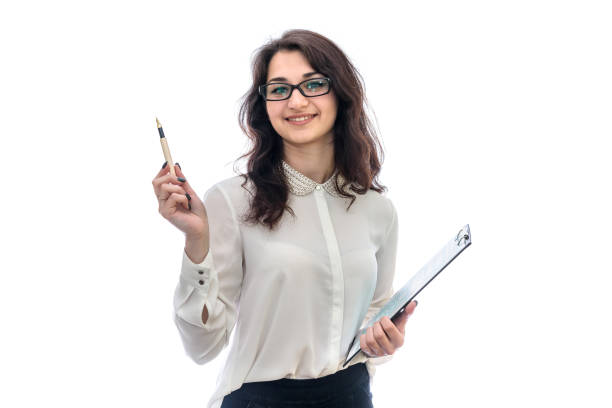istock Woman with clipboard and pen isolated on white 1151947524