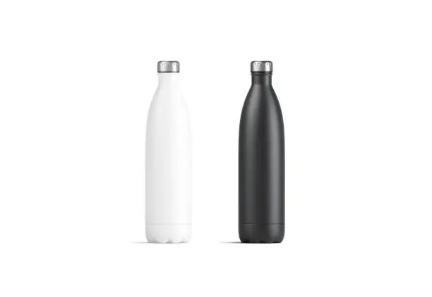 Blank white and black thermo sport bottles mock up, 3d rendering. Empty tourism metal botle with clip mock up isolated. Clear vacuum container of aluminum for tea template. Clear eak proof termos.