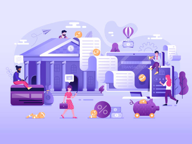 Online Payment and Digital Transaction Concept Digital transaction UI illustration with flat people characters doing web money transfers and deposits. Online bank payment wire transaction and cashback concept. Save money technology processing. banking illustrations stock illustrations