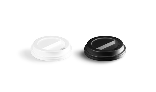 Blank black and white coffee cup lid mock-up, side view, isolated, 3d rendering. Empty one-off plastic cover for tea and coffe mug mock up. Clear hot drink cofe in paper tumbler cap template.