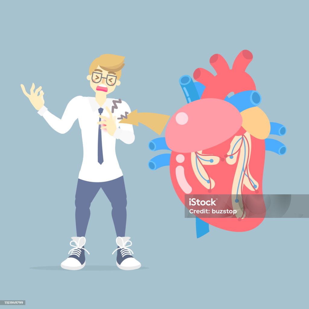 man with heart attack disease, medical internal organs body part nervous system anatomy surgery human heart health care man with heart attack disease, medical internal organs body part nervous system anatomy surgery human heart health care, flat vector illustration cartoon design clip art Heart Disease stock vector