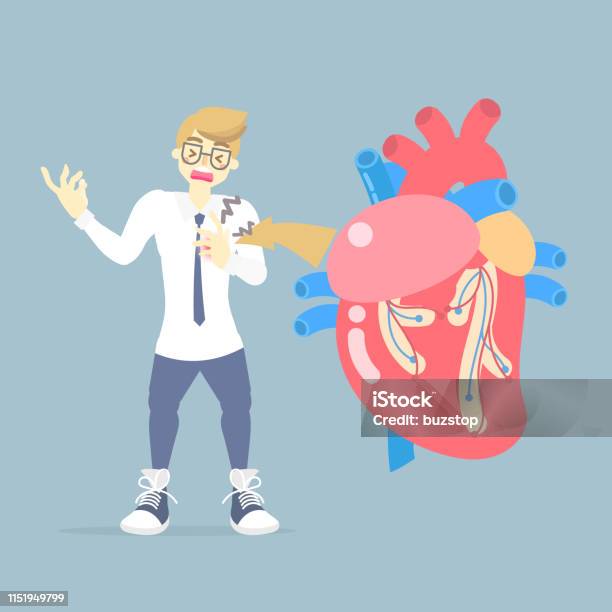 Man With Heart Attack Disease Medical Internal Organs Body Part Nervous System Anatomy Surgery Human Heart Health Care Stock Illustration - Download Image Now