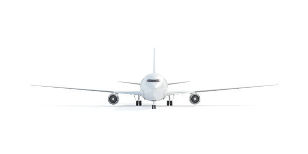 Blank white airplane mock up stand, front view isolated,