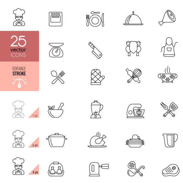 ilustraciones, imágenes clip art, dibujos animados e iconos de stock de iconos de cocina y línea de cocinas.  trazo editable. - kitchen utensil instrument of measurement spoon isolated