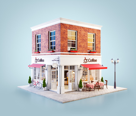 Unusual 3d illustration of a cozy cafe, coffee shop or coffeehouse building with red awning and outdoor tables