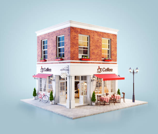 Unusual 3d illustration of a cozy cafe stock photo