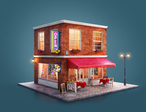 Unusual 3d illustration of a cozy cafe Unusual 3d illustration of a night club, cafe, pub or bar building with red awning, neon signs and outdoor tables bar exterior stock pictures, royalty-free photos & images