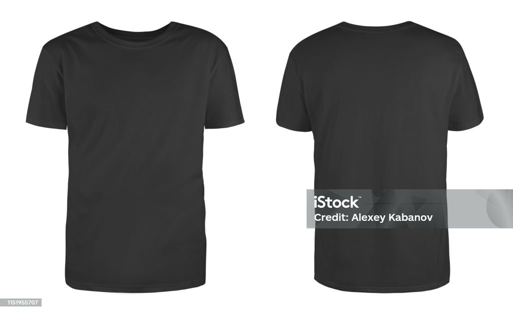 Men's black blank T-shirt template,from two sides, natural shape on invisible mannequin, for your design mockup for print, isolated on white background. T-Shirt Stock Photo