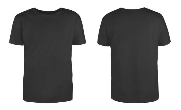 Photo of Men's black blank T-shirt template,from two sides, natural shape on invisible mannequin, for your design mockup for print, isolated on white background.