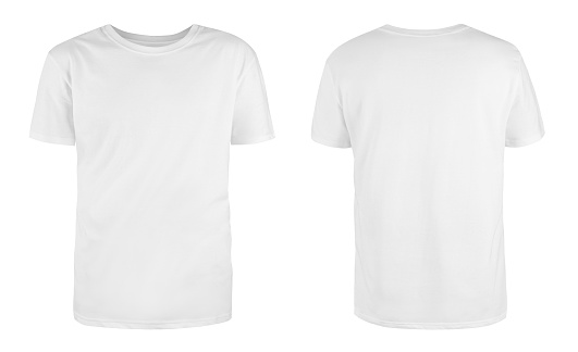 Plantilla de camiseta blanca en blanco para hombre, de dos lados, forma natural en maniquí invisible, para tu maqueta de diseño para impresión, aislada sobre fondo blanco. photo