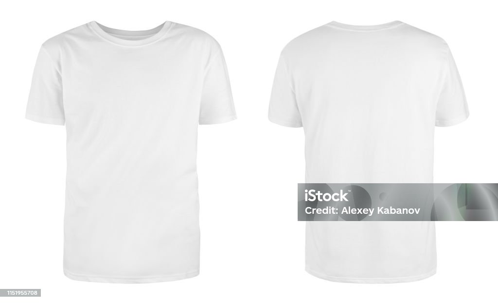 Men's white blank T-shirt template,from two sides, natural shape on invisible mannequin, for your design mockup for print, isolated on white background. T-Shirt Stock Photo
