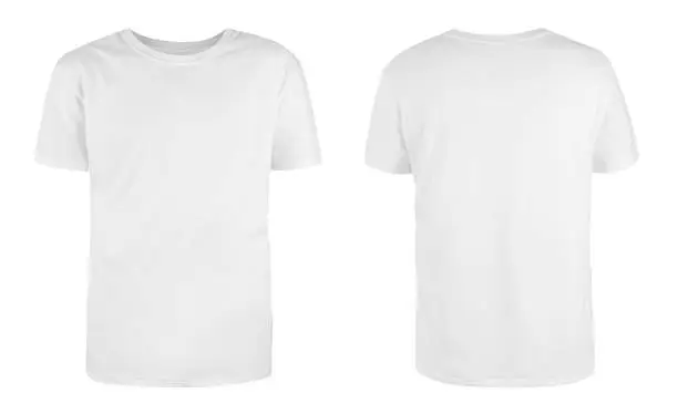 Photo of Men's white blank T-shirt template,from two sides, natural shape on invisible mannequin, for your design mockup for print, isolated on white background.