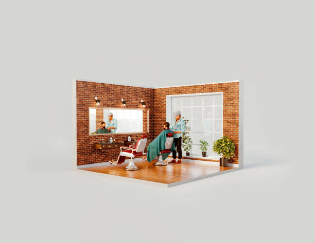 Unusual 3d illustration of hairdresser cutting hair of male client. Barber shop concept
