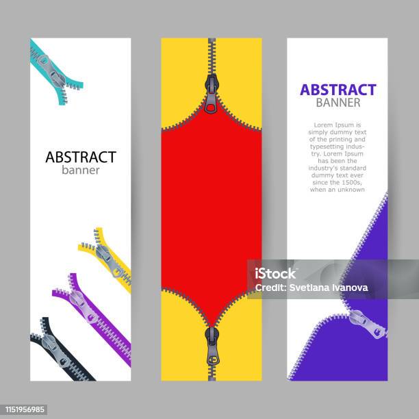 Set Vertical Banners With Empty Place For Text Open And Closed Metal Zippers On Red White And Blue Colors Stock Illustration - Download Image Now