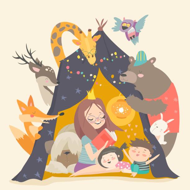 illustrations, cliparts, dessins animés et icônes de maman et ses enfants lisant le livre dans une tente de tipi - wigwam