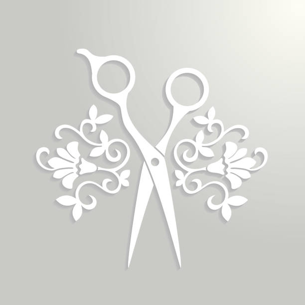 Beauty salon logo. Vector paper scissors with shadow. Fashion studio logotype. Hairdresser icon. vector art illustration