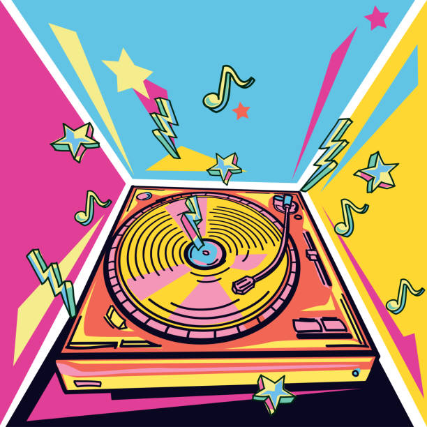 Funky colorful music design - turntable decorative vector artwork retro turntable stock illustrations