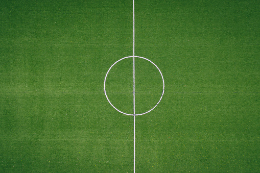 Empty Green soccer football field. Aerial View stock photo