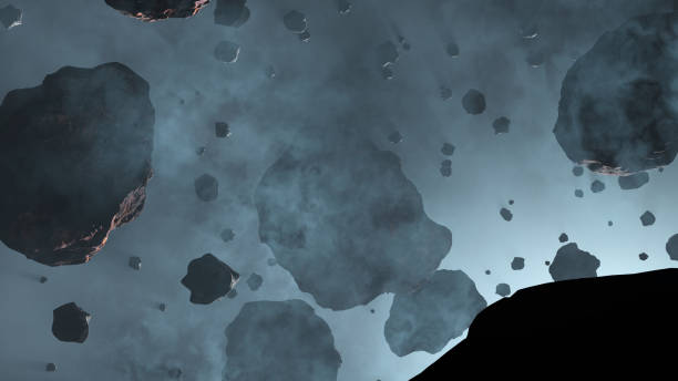 istock Lots of Asteroid rocks with some large inside a light blue fog with a cold blue glow 1151966348