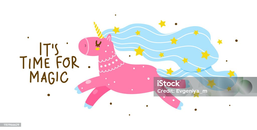Cute cartoon unicorn for Your magic design Cute cartoon pink unicorn with blue mane for Your magic design Animal stock vector