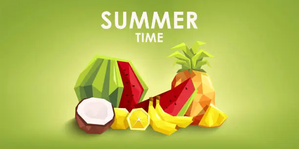 Vector illustration of Low poly fruits isolated. Colorful summer background. Seasonal food. Watermelon, coconut, citrus, bananas, pineapple. Simple modern design. Flat style vector illustration.