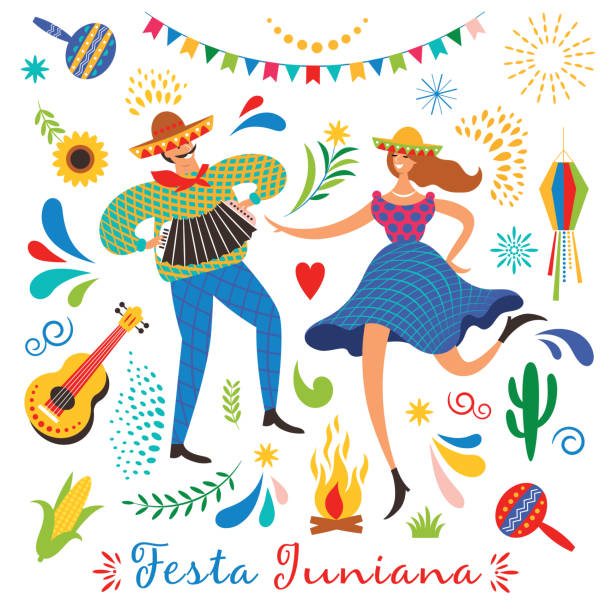 Festa Junina.The June party of Brazil. Festive Mood. Brazil carnival. Dansing man and woman vector art illustration