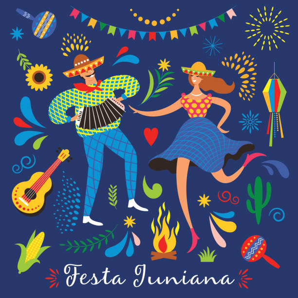 Festa Junina.The June party of Brazil. Festive Mood. Brazil carnival. Dansing man and woman vector art illustration