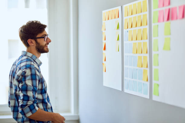istock Young start-up businessman looking for inspiration on wall with post-it notes 1151967370