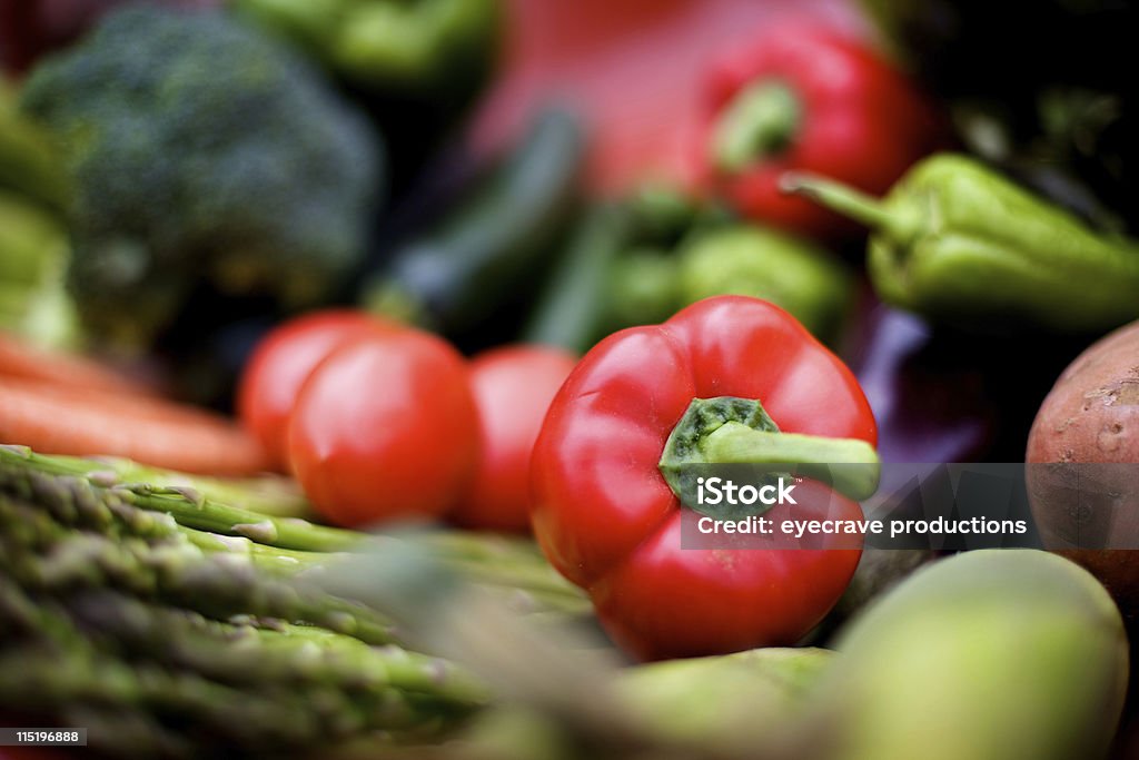 summer vegetable gardening produce agriculture vegetable garden and gardening colorful summer produce (red pepper in focus) Agriculture Stock Photo