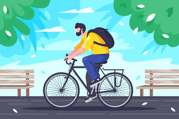 Vector illustration of Flat young man with backpack rides on cycling at road.