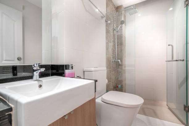 Luxury bathroom features basin, toilet bowl stock photo