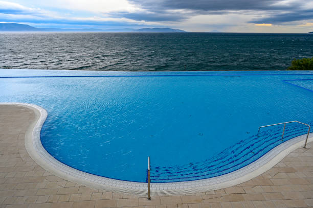 a pool and the adriatic sea in Rabac Croatia may 2019