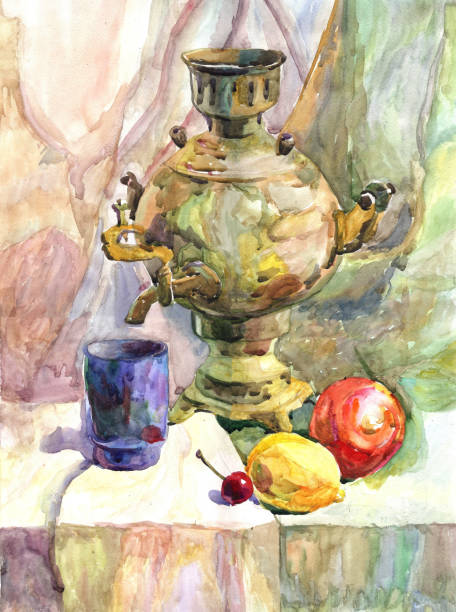 istock Still life hand drawn food illustration with a teapot, lemons and apples 1151972776