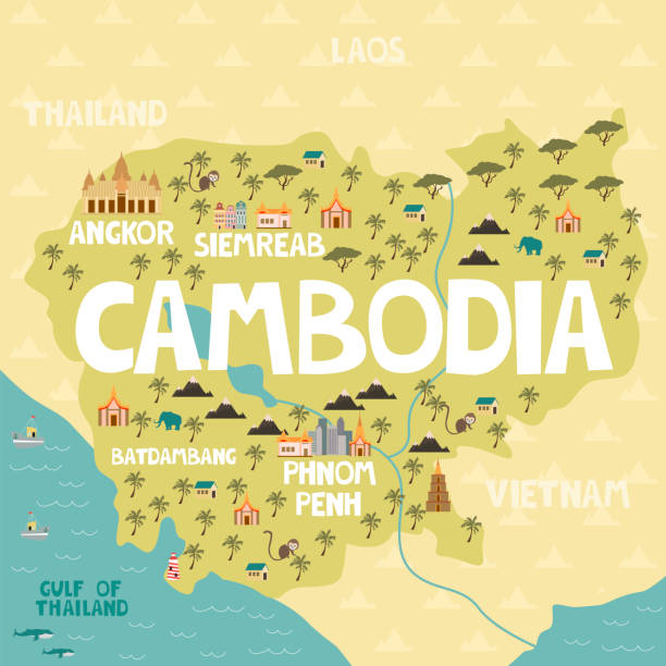 Illustrated map of Cambodia with cities and landmarks. Illustrated map of Cambodia with cities and landmarks. Editable vector illustration angkor wat stock illustrations