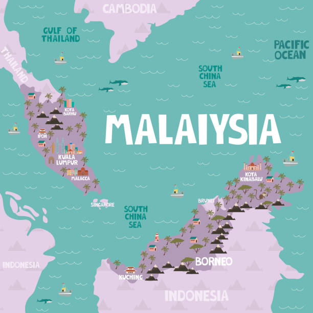 ilustraciones, imágenes clip art, dibujos animados e iconos de stock de mapa ilustrado de malaisia con ciudades y monumentos. ilustración vectorial editable - occupation government administrator county