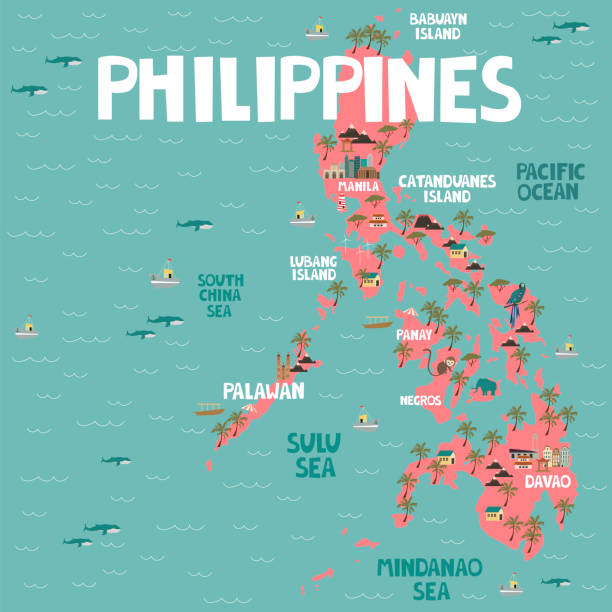 illustrazioni stock, clip art, cartoni animati e icone di tendenza di mappa illustrata delle filippine con città e punti di riferimento. illustrazione vettoriale modificabile - filippine