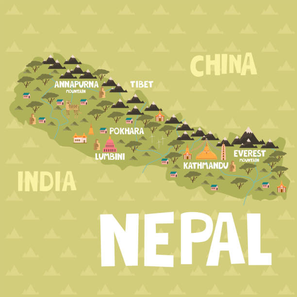 illustrations, cliparts, dessins animés et icônes de carte illustrée du népal avec des villes et des monuments. - himilaya