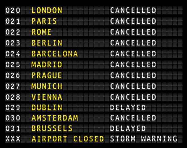 istock Flight information display on an airport showing cancelled flights because of storm warning, vector 1151973298