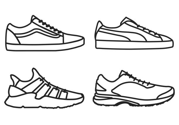 illustrations, cliparts, dessins animés et icônes de ensemble de chaussures homme et baskets ligne icône vecteur illustration. eps 10 - paire de baskets