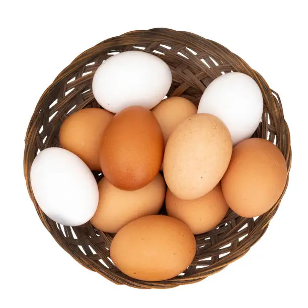 Assorted chicken, hens eggs in one basket isolated on white background. Different colors: brown white and speckled.