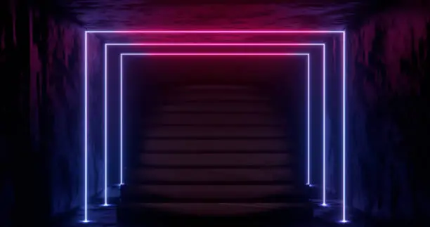 Photo of 3d rendering, abstract neon background, pink blue glowing light, staircase in dark room