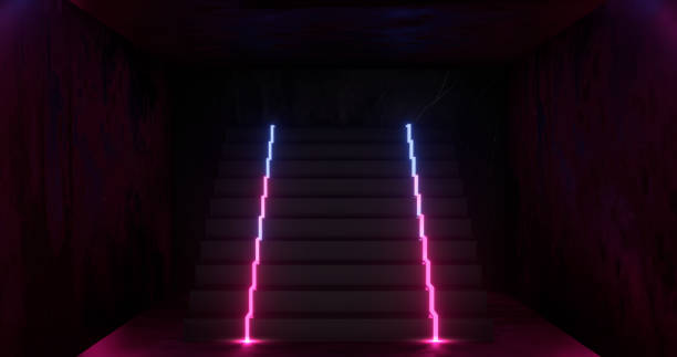 istock 3d rendering, abstract neon background, pink blue glowing light, staircase in dark room 1151980031