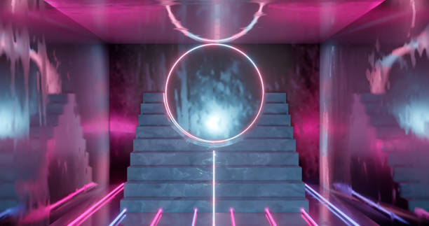 istock 3d rendering, abstract neon background, pink blue glowing light, staircase in dark room 1151980032